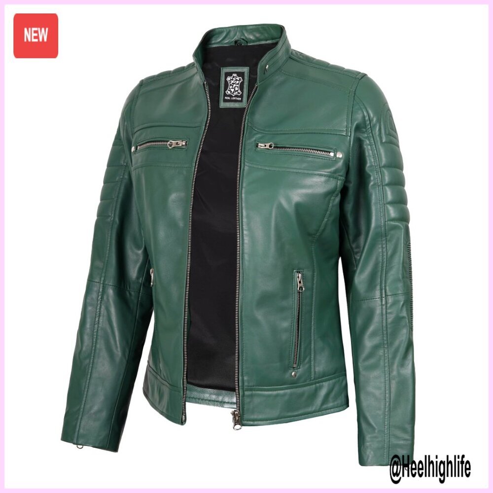 Lambskin Leather Jacket Cafe Racer Style Stand Collar Women's